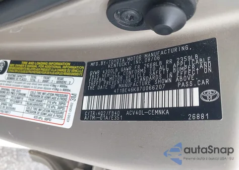 2007 Toyota Camry Ce из США, поврежденный, VIN 4T1BE46K87U066207